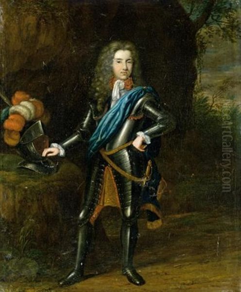 Portrait Of A Nobleman (willem Baron Van Lier?) Wearing Armour, Resting His Hand On His Helmet, Standing In A Landscape Oil Painting by Johannes Carre