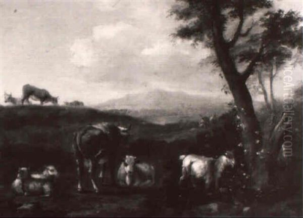 Cattle, Sheep And A Goat In An Italianate Landscape Oil Painting by Johannes Carre