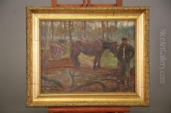 Chevaux Et Bucheron En Foret Oil Painting by Leon Carre