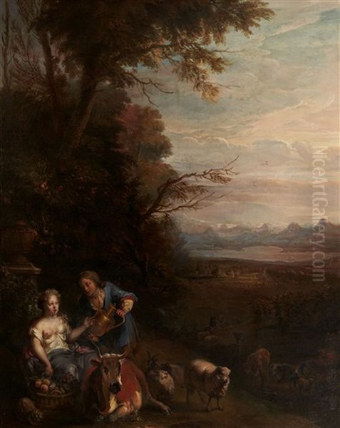 Couple De Bergers Et Leur Troupeau Dans Un Paysage Oil Painting by Michiel (Carree) Carre