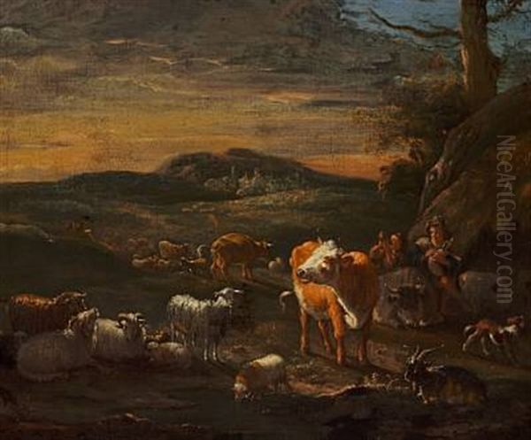 Shepherds With Their Cattle Oil Painting by Michiel (Carree) Carre