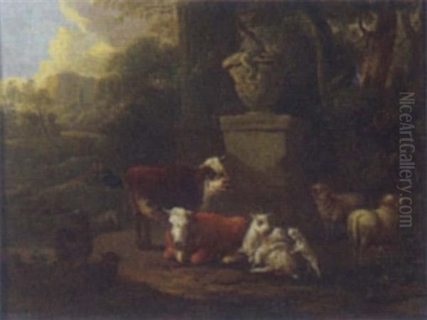 Cows And Sheep Oil Painting by Michiel (Carree) Carre