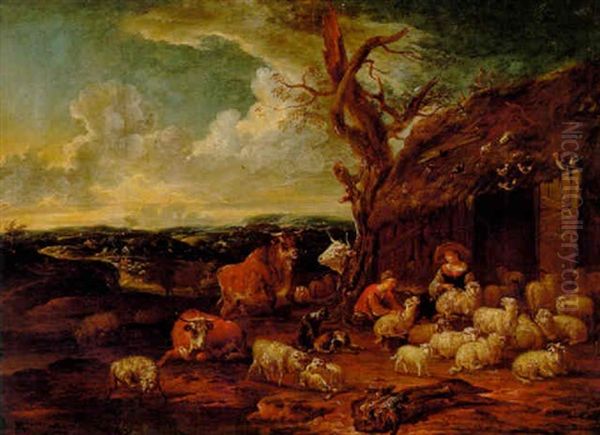 Pastorale Med Ungt Par, Der Klipper Farene Omgivet Af Koer, Hons Og Hunde Foran Et Strataekt Hus Oil Painting by Michiel (Carree) Carre