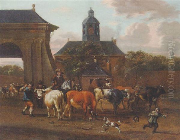 Cattle And Drovers By An Archway Leading To A Mansion Oil Painting by Michiel (Carree) Carre