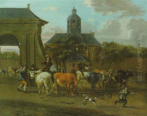 Cattle And Drovers By An Archway Leading To A Mansion Oil Painting by Michiel (Carree) Carre