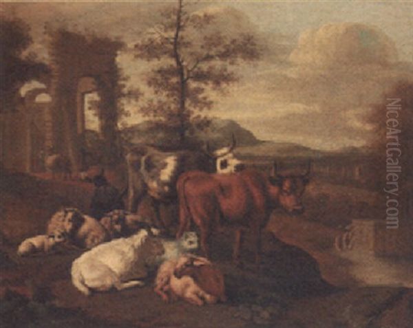 Cattle, Goats And Sheep Grazing In A Landscape With Figures By A A Ruin Beyond Oil Painting by Michiel (Carree) Carre