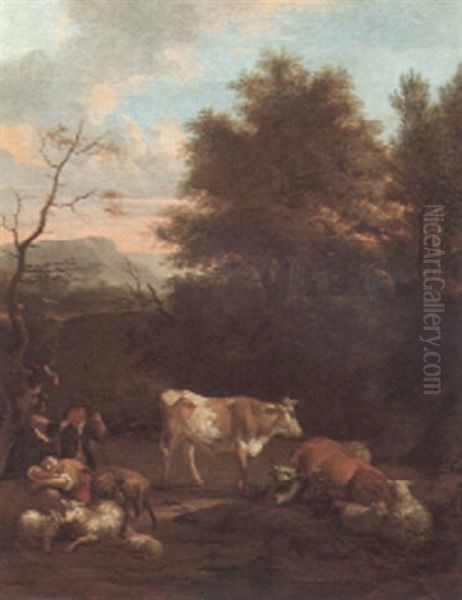 A Wooded Landscape With A Shepherd And Shepherdess Oil Painting by Michiel (Carree) Carre