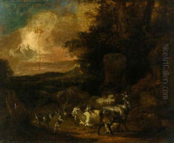 Goats, A Mule And A Traveller Resting In A Landscape Oil Painting by Michiel (Carree) Carre