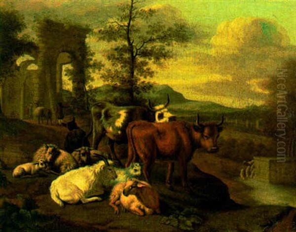 Cattle, Goats And Sheep By A Ruined Temple by Michiel (Carree) Carre