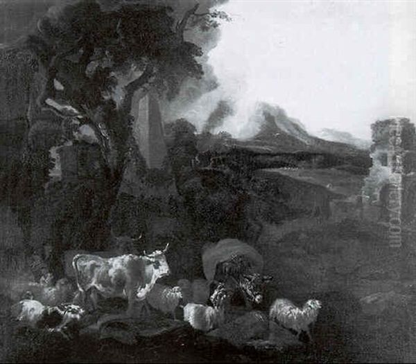 Herd Animals By Classical Ruins In A Mountainous Landscape Oil Painting by Michiel (Carree) Carre