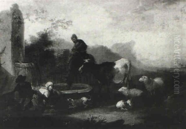 Italianate Landscape With Drovers And Animals by Michiel (Carree) Carre