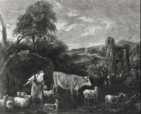 Rocky Landscape With Shepherd Pair Driving Cattle Across River Oil Painting by Michiel (Carree) Carre