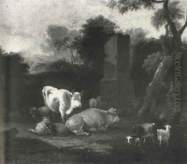 Cattle, Sheep And Goats By A Ruined Column Oil Painting by Michiel (Carree) Carre