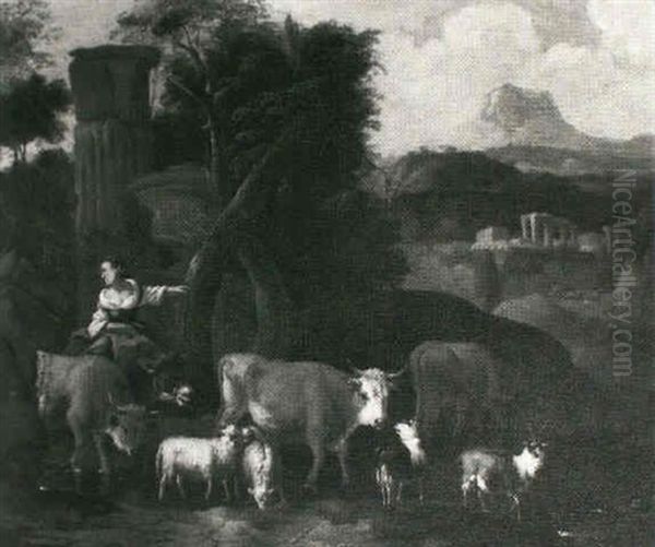 A Peasant Woman And Her Livestock Travelling To A River's   Edge Beside Classical Ruins Oil Painting by Michiel (Carree) Carre