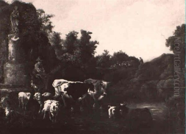 Hirt Mit Kuhen, Ziegen, In Einem Kleinen Wasserlauf Stehend Oil Painting by Michiel (Carree) Carre