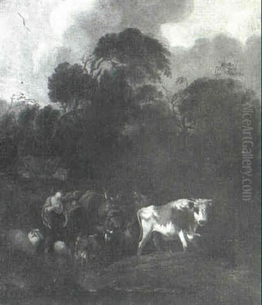 A Shepherdess With Her Flock Fording A Stream Oil Painting by Michiel (Carree) Carre