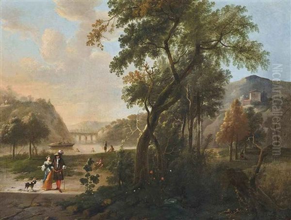 An Mountainous Wooded River Landscape With Elegant Company Conversing On A Track, Bathers Beyond Oil Painting by Hendrik Carre