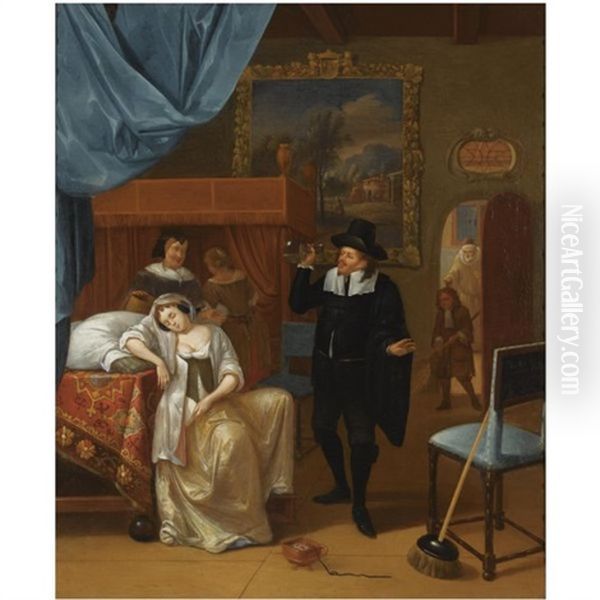 A Bedroom Interior With An Ill Lady And A Doctor, Other Figures In The Background Oil Painting by Hendrik Carre