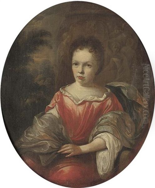 Portrait Of A Lady, Seated, Three-quarter-length, In A Red Satin Dress With A Blue Mantle, A Classical Relief And A Wooded Landscape Beyond Oil Painting by Hendrik Carre