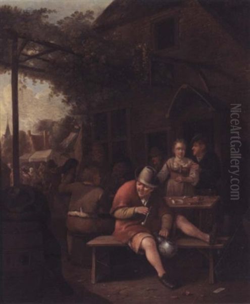 Figures Smoking And Drinking Outside An Inn Oil Painting by Hendrik Carre