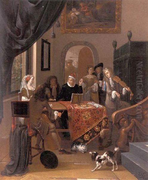 A Music Party In An Elegant Interior, Seen Past A Trompe L'oeil Curtain Oil Painting by Hendrik Carre