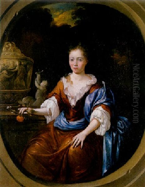 Portrait Of A Lady Wearing A Light Brown Silk Dress With Lace Chemise And Blue Wrap, Holding An Orange Branch Oil Painting by Hendrik Carre