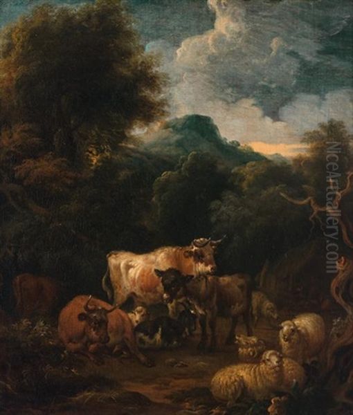 A Pastoral Landscape With Cows, Sheep, And A Donkey Oil Painting by Michiel Carree