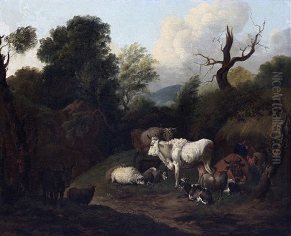 Paysage Au Troupeau De Chevres Et De Vaches Oil Painting by Michiel Carree