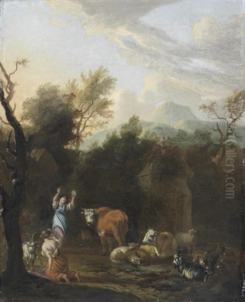 Drovers Watering Their Herd; And A Figure Dancing Amongst A Resting Herd Of Sheep, Cows And Goats (2) Oil Painting by Michiel Carree