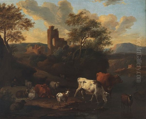 A Southern Landscape With Grazing Cattle Oil Painting by Michiel Carree