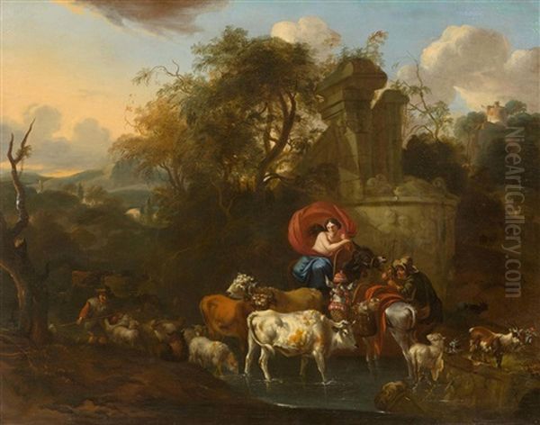 An Arcadian Landscape With Ruins And Figures Oil Painting by Michiel Carree