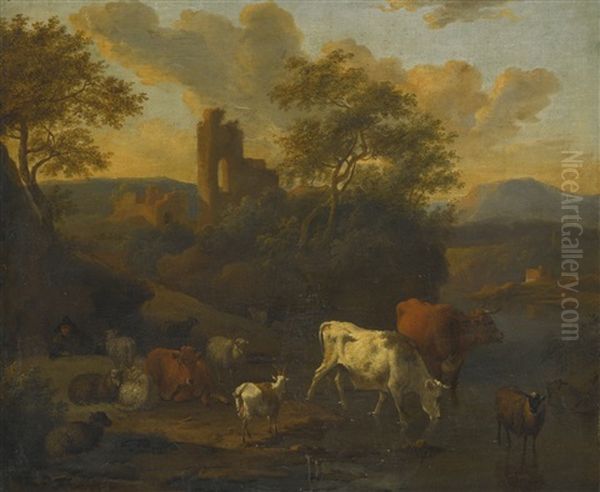 Landscape With Cows, Goats And Sheep Oil Painting by Michiel Carree