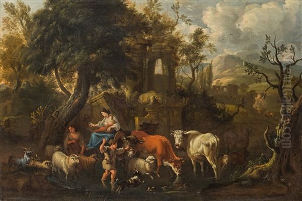 Arcadian Landscape With Herd Of Cattle Oil Painting by Michiel Carree