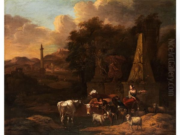 Arkadische Landschaft Mit Hirtenidylle Unter Antiken Monumenten Oil Painting by Michiel Carree