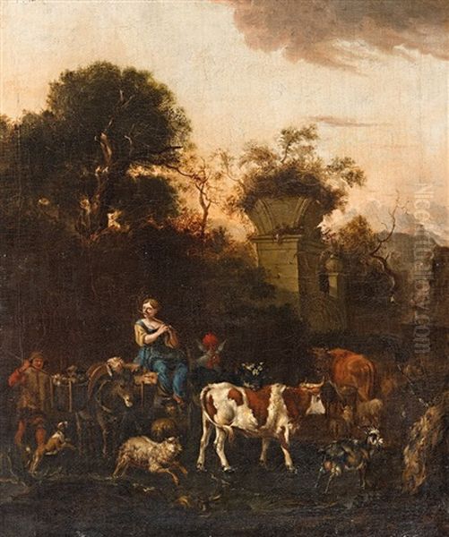 Two Southern Landscapes With Resting Shepherds by Michiel Carree