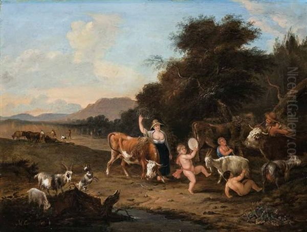 Allegorie Des Sommers, Mit Musizierenden Putti, Ziegen Und Hirten. Eine Magd Fuhrt In Der Bildmitte Einen Geschmuckten Stier Oil Painting by Michiel Carree