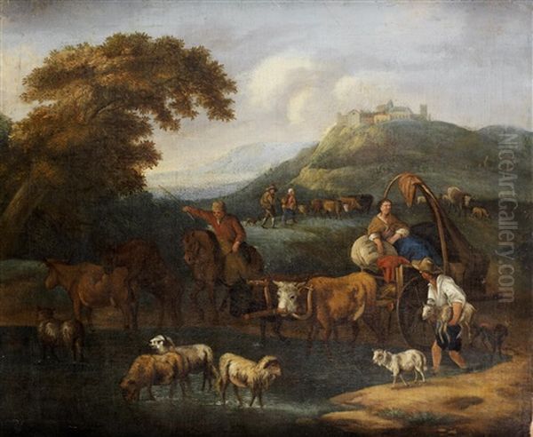 Travellers On A Path Before An Italianate Landscape Oil Painting by Michiel Carree