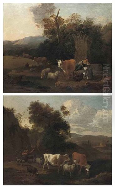 A Wooded Landscape With A Drover And Her Cattle At Rest By Classical Ruins (+ A Wooded River Landscape With A Drover And His Cattle Watering; Pair) Oil Painting by Michiel Carree