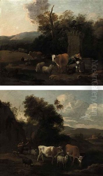 A Wooded Landscape With A Drover And Her Cattle At Rest By Classical Ruins (+ A Wooded River Landscape With A Drover And His Cattle Watering; Pair) Oil Painting by Michiel Carree