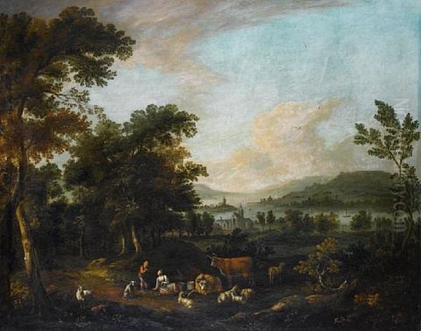 A River Landscape With A Shepherd And Shepherdess Resting Beneath Trees Oil Painting by Michiel Carree