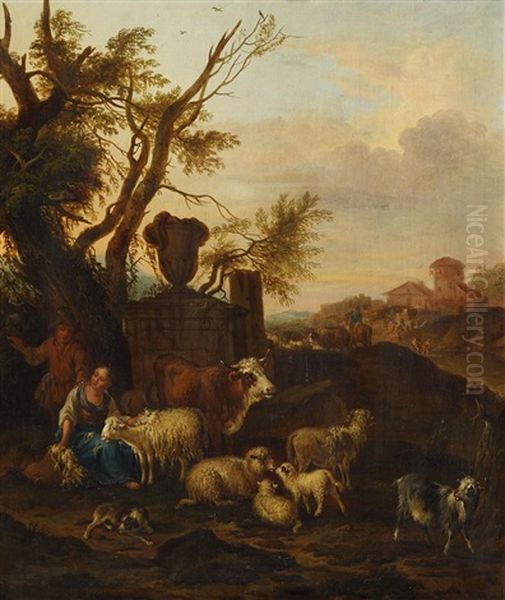 Idyllische, Weite Landschaft Mit Bauern Und Vieh by Michiel Carree