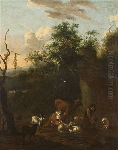 Ruinenlandschaft Mit Kuhen, Schafen, Ziegen Und Hirte Oil Painting by Michiel Carree