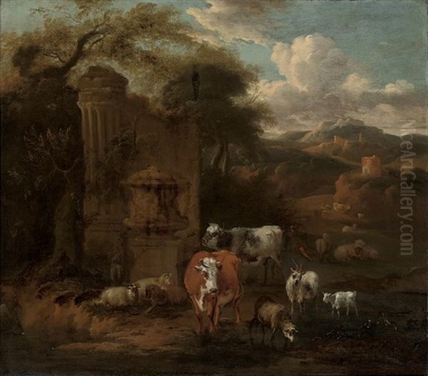 A Mountainous Landscape With A Herd Of Cattle, Sheep And Goats At Water Oil Painting by Michiel Carree