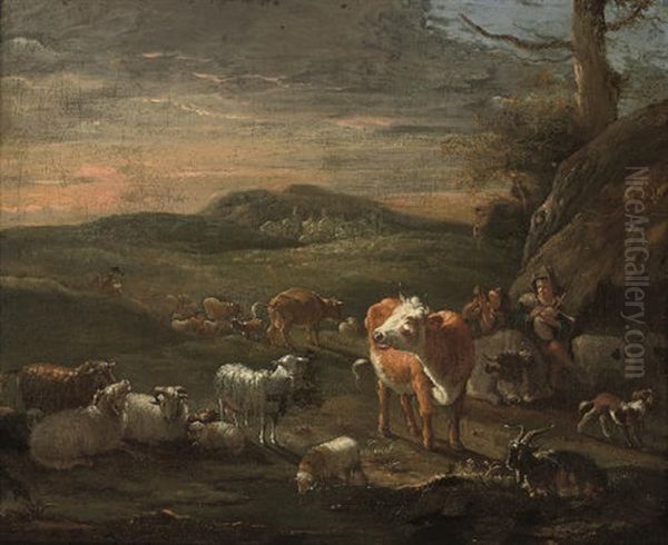 A Shepherd Piping With Other Shepherds Amongst Their Flocks Oil Painting by Michiel Carree