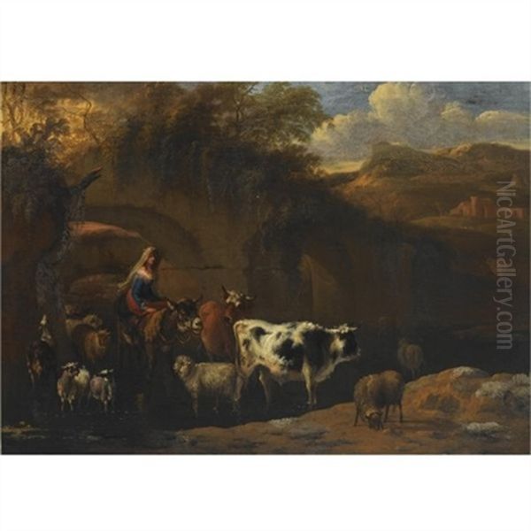 A Shepherdess With Her Herd Fording A Stream In An Italianate Landscape Oil Painting by Michiel Carree