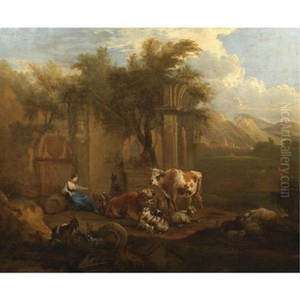 An Italianate Landscape With Drovers And Their Animals Resting Before Classical Ruins Oil Painting by Michiel Carree