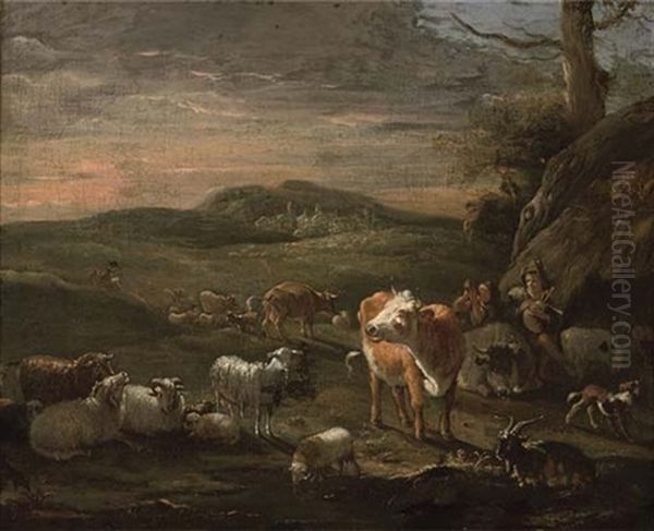 A Shepherd Piping With Other Shepherds Amongst Their Flocks Oil Painting by Michiel Carree