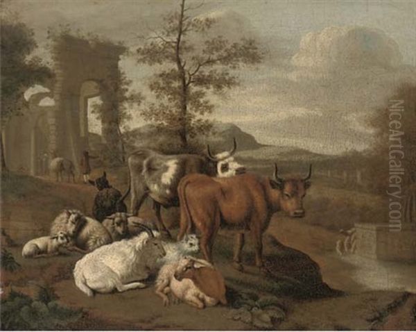 An Italianate Landscape With Cattle, Goats, Sheep And Figures By Classical Ruins Oil Painting by Michiel Carree