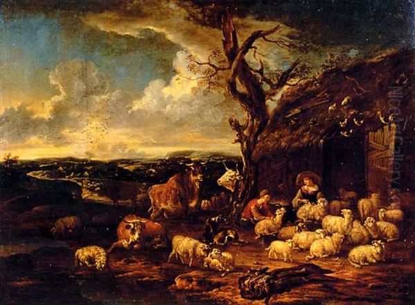 A Shepherd And Shepherdess Shearing Sheep By A Barn In A Landscape Oil Painting by Michiel Carree