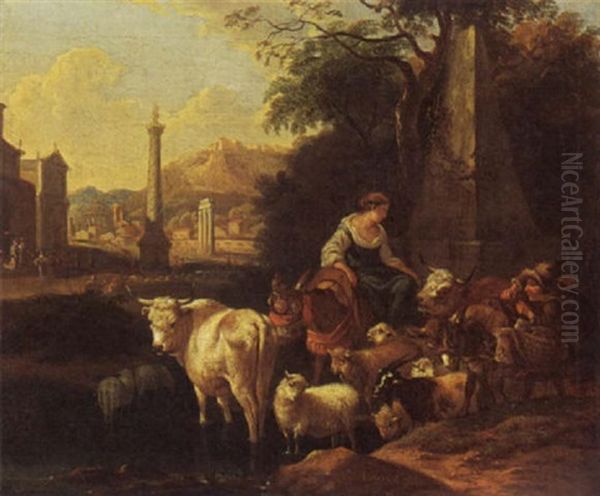 Shepherdess With Cattle Oil Painting by Michiel Carree